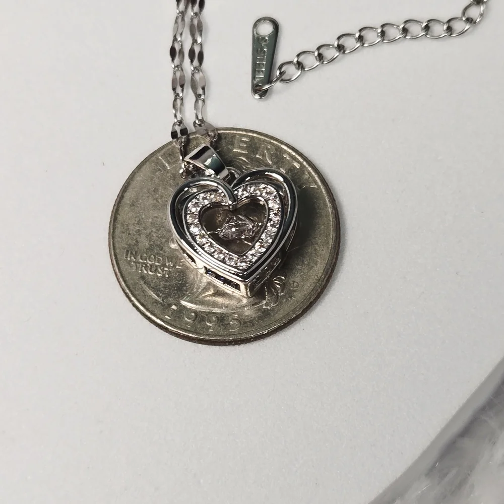Silver Double Heart CZ Pendant Necklace – Stainless Steel Classy Elegant Minimal